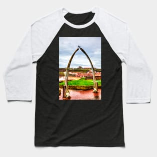 Whitby Whale Bones Arch Framing Whitby Abbey And Church Baseball T-Shirt